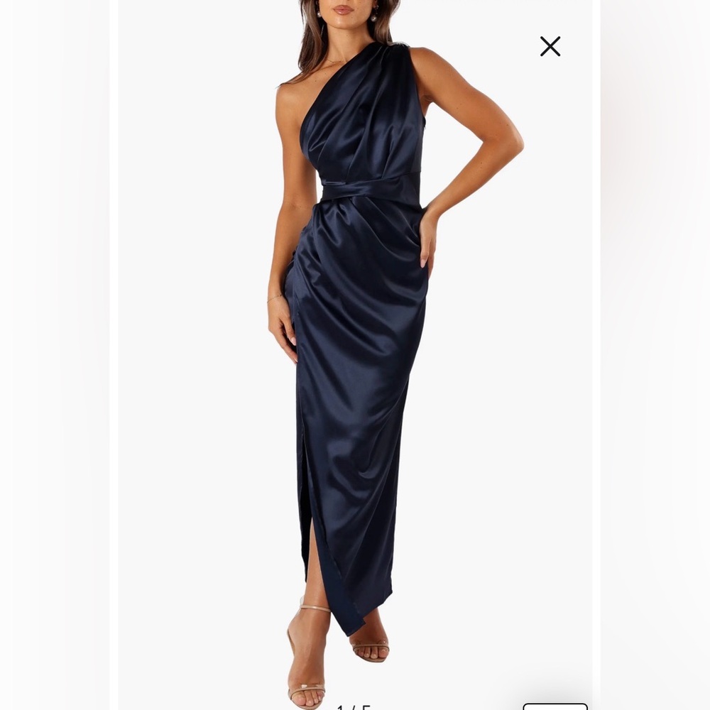 NWOT- Petal & Pup Nadia One-Shoulder Satin Maxi Dress, Navy, size 12
